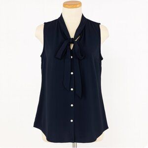 J Crew‎ Shirt Womens XS Navy Blue Tie Neck Button Up Career Casual Versatile